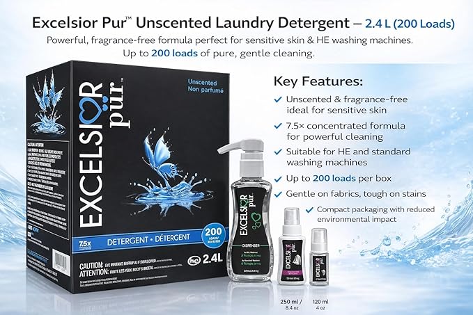 Excelsior Pür 7.5x Concentrated Laundry Detergent, 2.4 L (200 Loads), Fragrance Free/Unscented, Odor Control, Eco-Dispenser + Stain Remover, HE Compatible