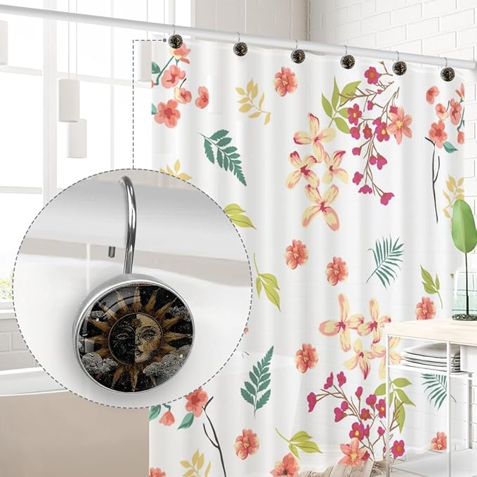 Vintage Boho Sun Shower Curtain Hooks, 12Pcs Abstract Rust Resistant Shower Rings for Shower Curtain Rods, Stainless Steel Round Curtain Hooks for Bathroom, Bedroom, Farmhouse