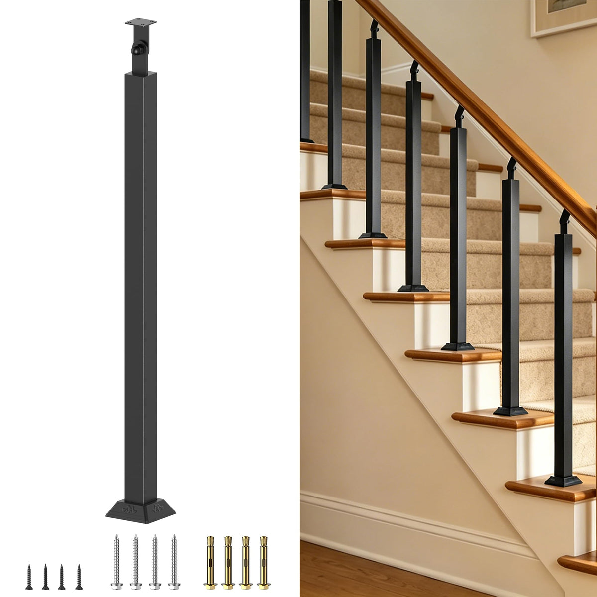 Black Metal Stair Railing Post, Side/Front Mount Baluster - Image 1
