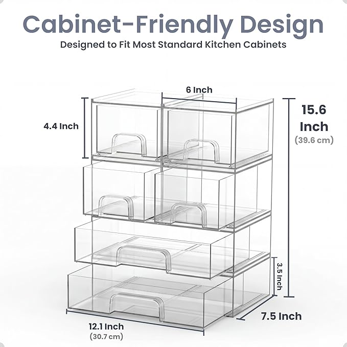 Clear Baby Bottle Organizer For Cabinet, Storage Bins with Pull-Out Drawers, 6-Pack Organizer Set with Labels, Premium PET Plastic Storage Organizer for Pantry, Bathroom, Vanity, Countertop