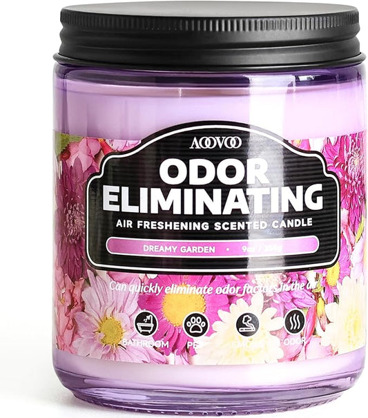 AOOVOO Dreamy Garden Odor Eliminating Highly Fragranced Candle - Eliminates 95% of Pet, Smoke, Food, and Other Smells Quickly, Non Toxic Air Freshing Soy Candle, 9 oz Up to 50 Hours Burn time