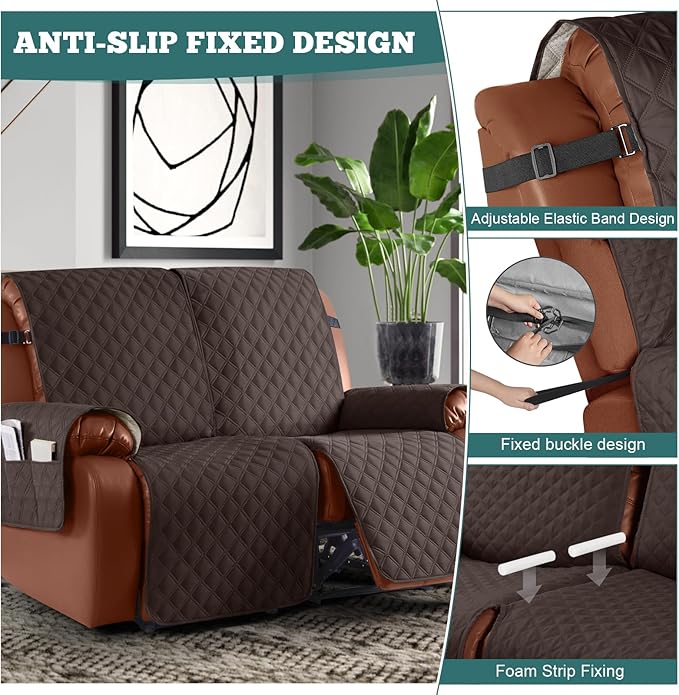 Ruaozz Waterproof Recliner Sofa Covers, 1-Piece Couch Covers for Reclining Couches Reclining Couch Cover Washable Furniture Protector with Elastic Straps Pocket for Kids Pets (Chocolate, 2 Seater)