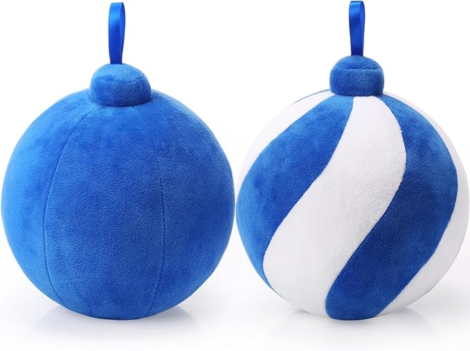 2 Pcs Christmas Pillows 7 Inch Round Christmas Ornament Shaped Throw Pillow Cute 3D Ball Xmas Throw Cushion Decoration for Bed Couch Sofa Chair Living Room(Blue and White)