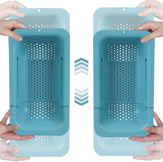 BLUE GINKGO Over the Sink Colander Strainer Basket - Wash Vegetables and Fruits, Drain Cooked Pasta and Dry Dishes - Extendable - New Home Kitchen Essentials (Green, 2 Pack)