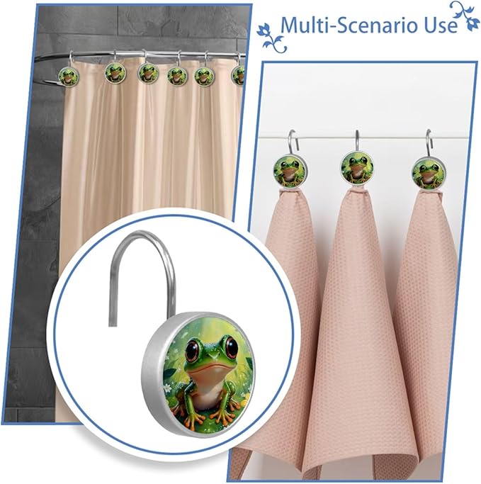 12 Packs Cute Frog Shower Curtain Hooks, Stainless Steel Glass Shower Curtain Rings for Bathroom Decor, Metal Rustproof Curtain Rod Hooks