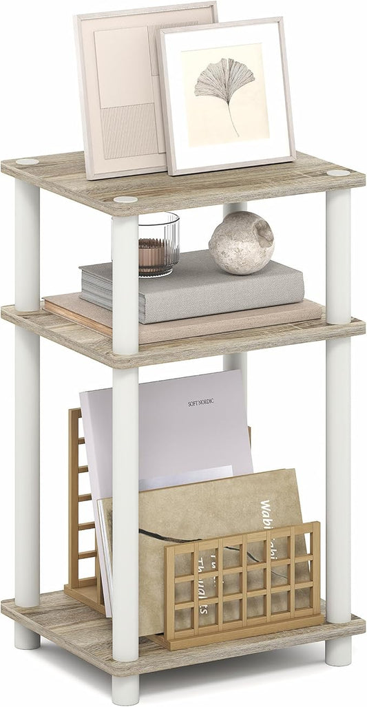 Furinno Turn-N-Tube Side Table, 3-Tier End Table with Open Shelf, Toolless Assembly Night Stand, Bedside Table, for Living Room, Bedroom, Light Oak