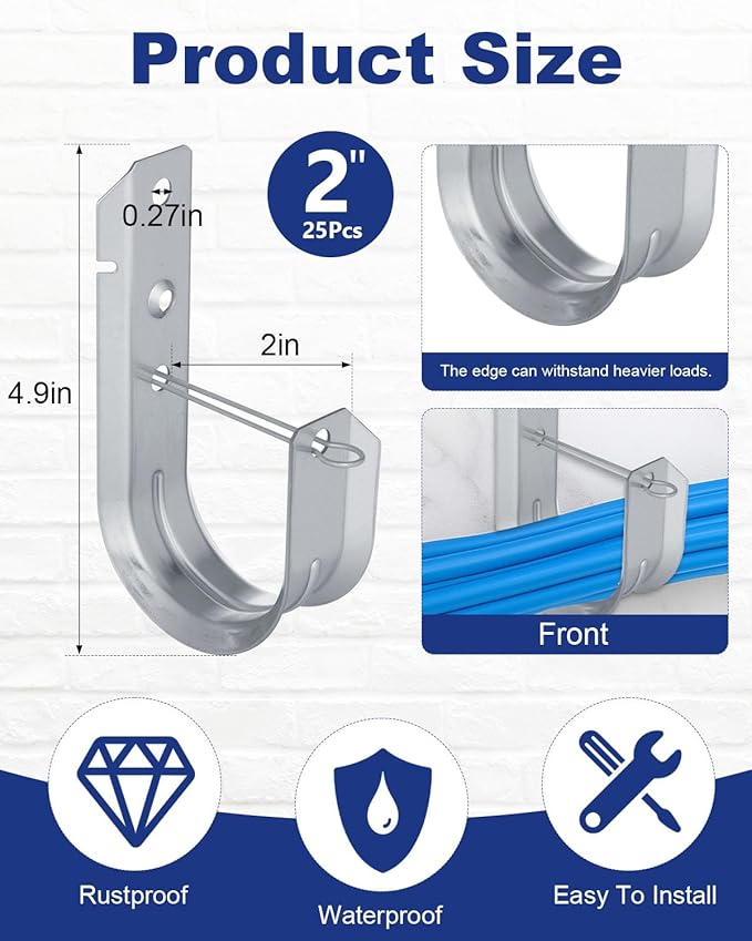 25 Pcs 2" Galvanized Steel J-Hooks, Heavy Duty Wall Mount Cable Support J Hook with Retainer Clip for Cable Management