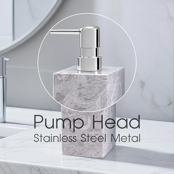 Real Natural Marble Soap Dispenser with Stainless Steel Pump Decorative Liquid Hand Soap Bottle for Kitchen Bathroom, Compatible with Lotion, Dish Soap Shower Gel (Grey 1 Set)