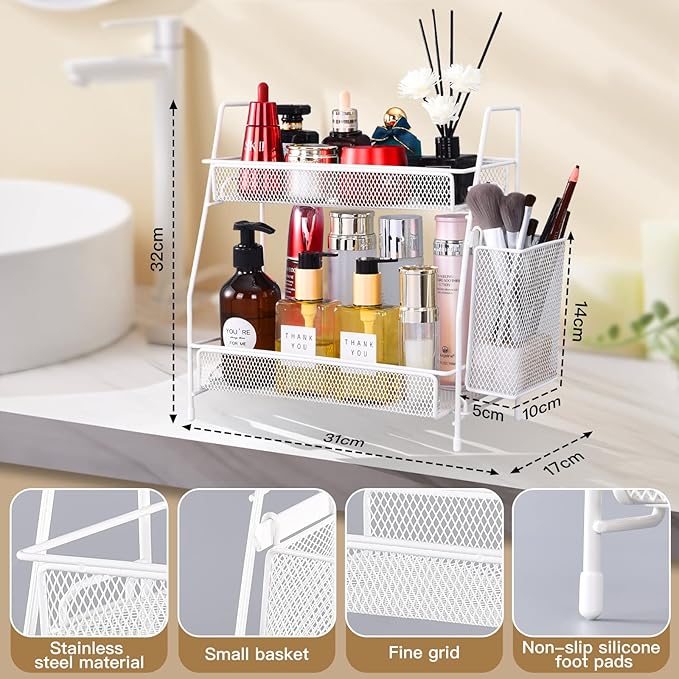 2024 upgraded Bathroom Organizer with Basket, 2-Tier Bathroom Tray for Countertop Storage Shelf, Vanity Organizer and Storage Kitchen Counter Organizers Spice Rack(White)
