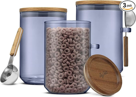 JoyJolt Holden 32oz Stackable Glass Storage Containers with Lids and Scoops, Airtight Food Canister Set of 3 w/Acacia Wood Lids, Round Stacking Pantry and Kitchen Containers w/Scoop | Smoke Blue