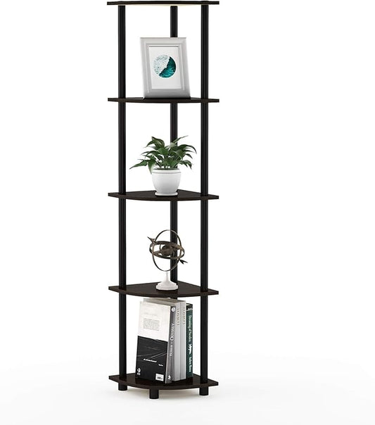 Furinno TURN-N-TUBE Corner Shelf, 5-Tier Corner Bookshelf, Open Storage Shelves, for Organization and Storage, Living Room, Home Office, Garage, Bedroom, Dark Brown Grain