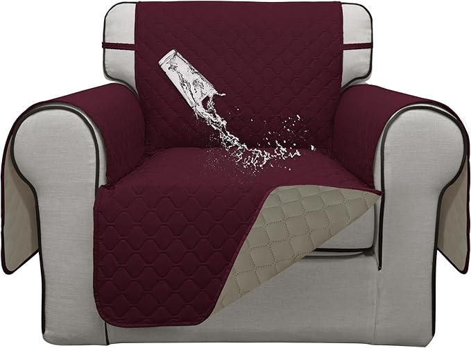 ISSUNTEX Double Protection 100% Waterproof Chair Sofa Covers for Living Room, Couch Covers for Chair Sofa, Reversible Furniture Protector Sofa Cover for Dogs, Pets, Kids (Chair, Wine/Beige)