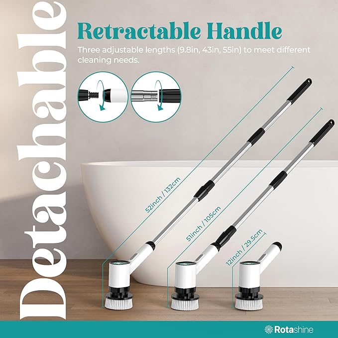 Electric Spin Scrubber - Electric Scrubber for Cleaning with 7 Replaceable Heads - Full-Body Waterproof Tub Scrubber with Long Handle - Electric Brush Cleaner for Bathroom