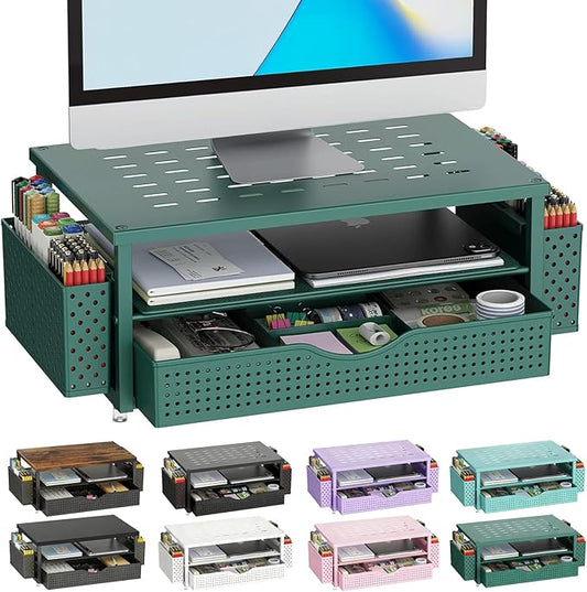 gianotter Desk Organizers and Accessories, Monitor Stand with Drawer and 2 Pen Holder, Desktop Organizer Suitable for Offices and Dormitories (Green)
