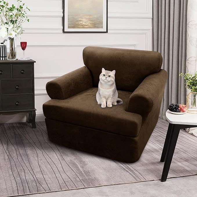 2-Pieces T Cushion Armchair Slipcovers Leather Look Couch Cover Chair Covers Stretch Furniture Protector Sofa Cover with 1 Individual T Cushion Seat Cover Slipcover Sets Washable, Dark Brown