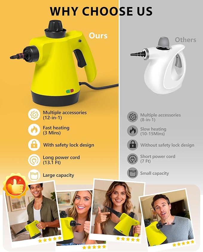 Steam Cleaner - Handheld Steam Cleaner with 12Pcs Accessories & Safety Lock, Pressurized Handheld Steam Cleaner for Home, Tile, Windows, Bathrooms, Kitchens, Grease, Car, Yellow