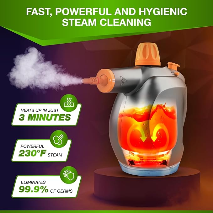 Handheld Steam Cleaner with Detergent Container – 1250W High-Pressure Multipurpose Steamer – Continuous Steam Lock, Large Tank, Safety Lock – for Home, Kitchen, Bathroom, Car Cleaning