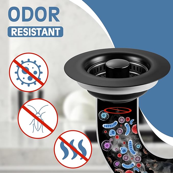 Kitchen Sink Drain Strainer 2 Pack, 304 Stainless Steel Pop Up Sink Stopper, Anti-Clogging Sink Drain Strainer for US Standard Kitchen Drain (Matte Black)