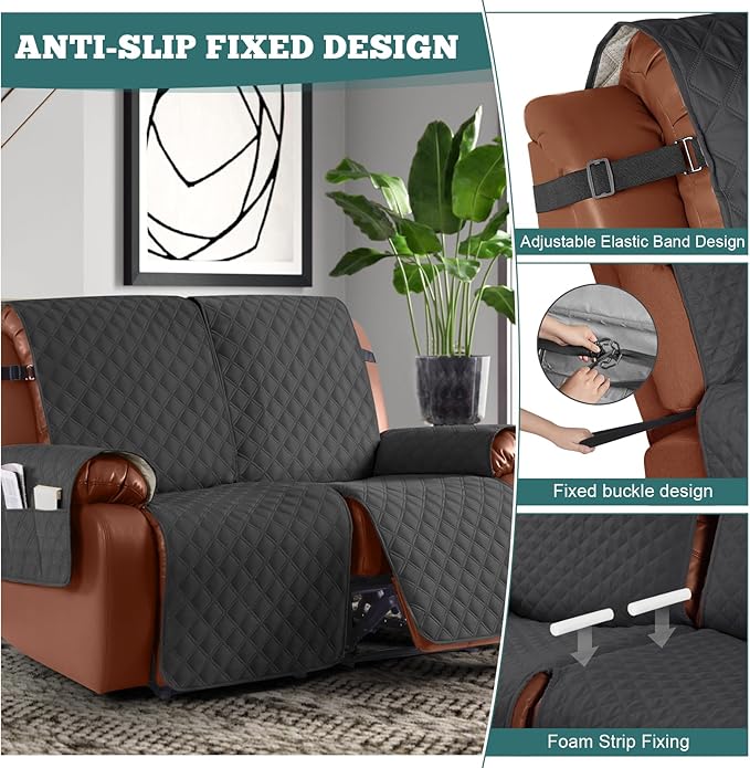 Ruaozz Waterproof Recliner Sofa Covers, 1-Piece Reclining Couch Covers Non-Slip Sofa Slipcover Washable Furniture Protector with Elastic Straps Pocket for Kids Pets (Charcoal Grey, 2 Seater)