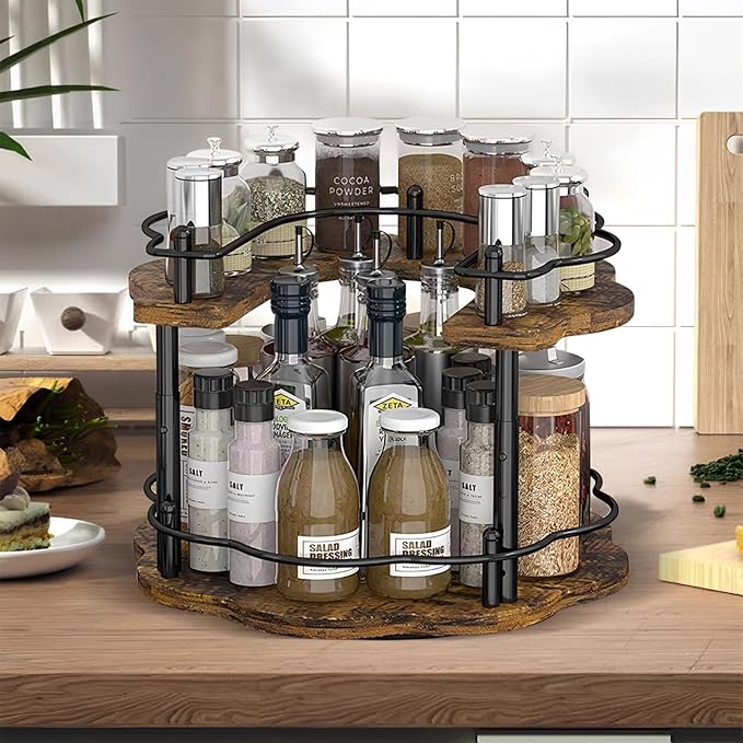 NCONCO 2 Tier Lazy Susan, Lazy Susan Turntable Cabinet with 3 Adjustable Heights Guard Rails Spice Rack for Countertop Kitchen Cabinet Pantry (Walnut)