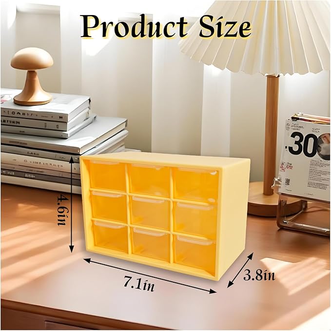 Small Drawer Organizer for Desk, 7.1" x 3.8" x 4.6" Mini Desktop Drawer Organizer with 9 Clear Drawers, Compact Craft & Office Supplies Organizer for Home School (Yellow)