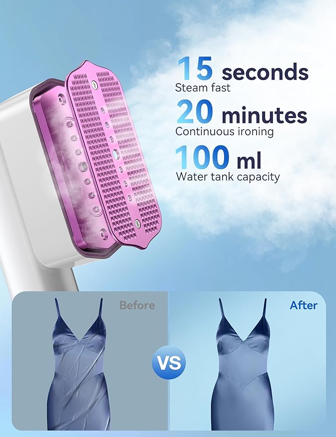 Steamer for Clothes, Sundu Portable 2-in-1 Steamer & Iron, 15s Fast Heat-up, 110ml Water Tank, Wrinkle Remover for Garment, Travel & Home Use (Purple White)