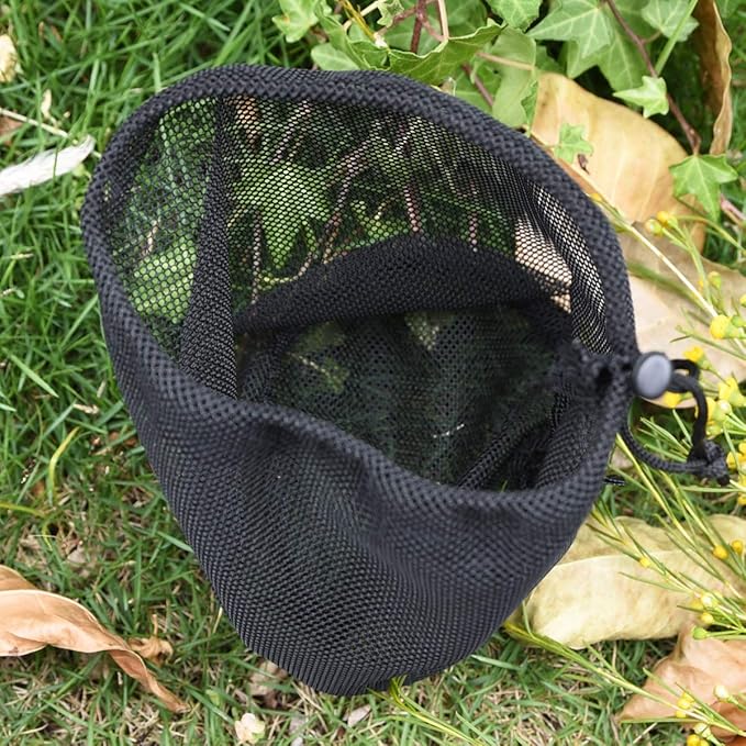 iBasingo 5pcs Black Mesh Bags - Nylon Sack Durable Drawstring Net Bags - Small Travel Sleeping Stuff Storage Ditty Bags for Cosmetics Shower Gels Bottle Pot Tennis Golf Ball Tools BVP01