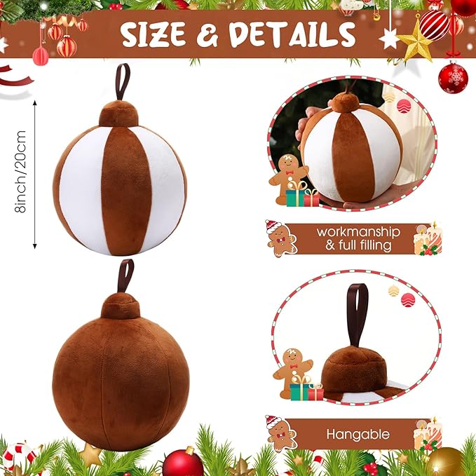2 Pcs Christmas Pillows 7 Inch Round Christmas Ornament Shaped Throw Pillow Cute 3D Ball Xmas Throw Cushion Decoration for Bed Couch Sofa Chair Living Room(Brown and White)