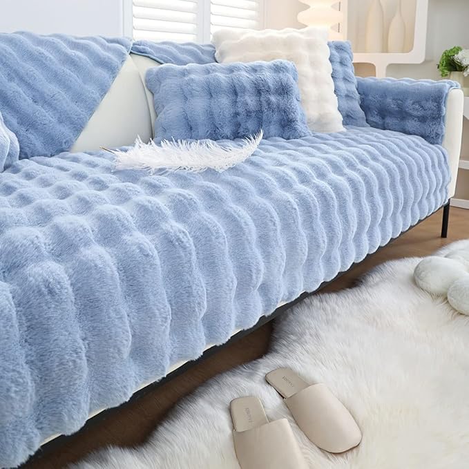 Soft Warm Faux Fur Couch Sofa Cover Thick Shaggy Fuzzy Sectional Couch Cover Non-Slip Solid Color Plush Sofa Slipcover Furniture Protector for Kids, Pets (Light Blue,28"x59")