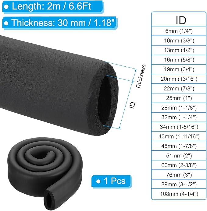 PATIKIL 3"(76mm) ID x 6.6Ft Pipe Insulation Foam Tube, Pipe Cover Wrap Roll Bar Padding Tubing for Handle Grip HVAC Outdoor Air Conditioner Units, Black