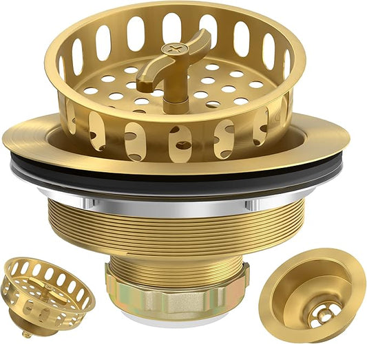 Gold Sink Drain Strainer 3-1/2 Inch Kitchen Sink Drain Assembly Kit with Stainless Steel Strainer Basket and Drain Stopper for Standard Kitchen Sink Brushed Gold