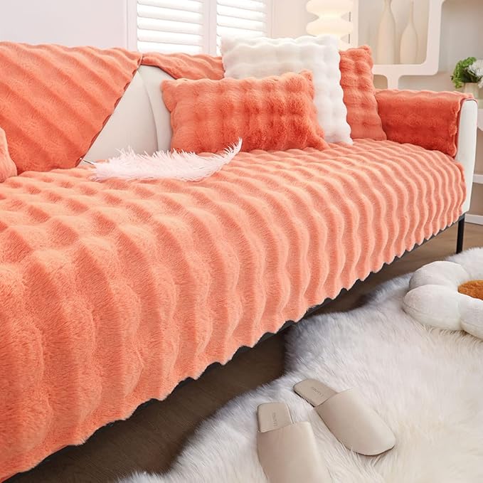 Soft Warm Faux Fur Couch Sofa Cover Thick Shaggy Fuzzy Sectional Couch Cover Non-Slip Solid Color Plush Sofa Slipcover Furniture Protector for Kids, Pets (Light Orange,36"x36")