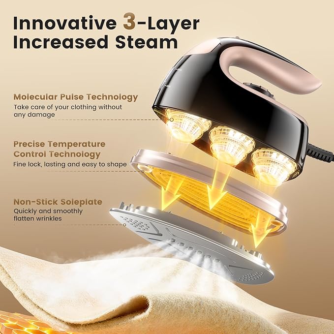 MIYOKO 2-in-1 Mini Travel Steam Iron, 1000W Portable Small Iron for Clothes, with Non-Stick Soleplate, 90ML Water Tank, 25G/Min High Speed Steams, 110-120V for Home Travel Use, Black & Gold