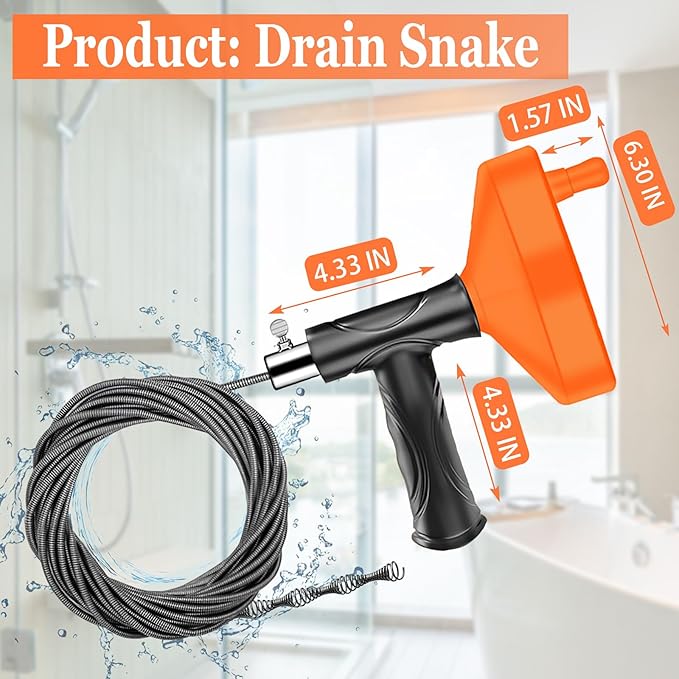 Drain Snake Auger (33 Feet), Plumbing Snake Drain Hair Clog Removal Tool, Sink Unclogger Drain Cleaner Tool for Bathroom Kitchen Tub Shower with Gloves