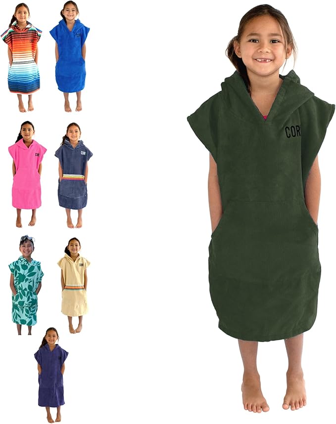 COR Surf Poncho Changing Towel Robe with Hood and Front Pocket for Kids, Doubles Up As Beach Towel and Blanket, Made of Quick Dry Microfiber (Ranger Green)