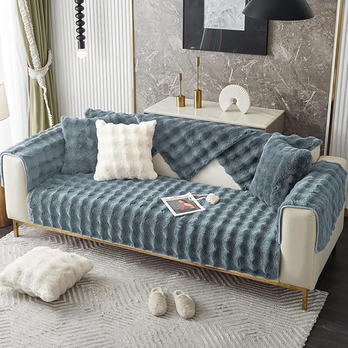 Soft Warm Faux Fur Couch Sofa Cover Thick Shaggy Fuzzy Sectional Couch Cover Non-Slip Solid Color Plush Sofa Slipcover Furniture Protector for Kids, Pets (Grey Black,28"x47")