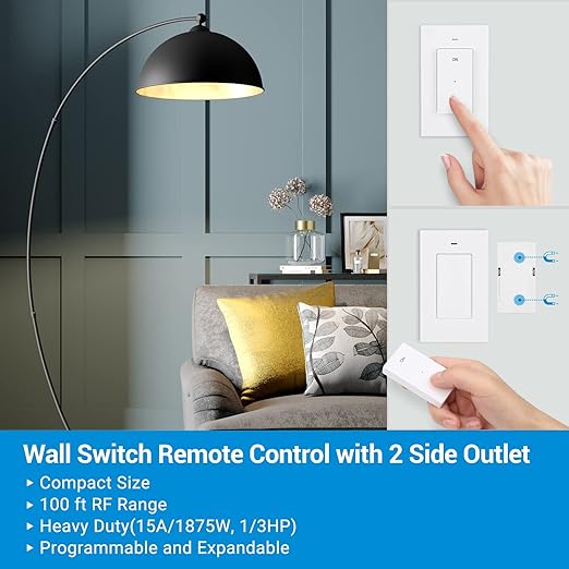 DEWENWILS Remote Control Outlet, Wireless Wall Light Switch with 2 Side Outlets, No Wiring Remote Outlet Switch for Lamps, Fans, Household Appliance, 100FT Range, ETL Listed(2 Switches and 1 Outlet)
