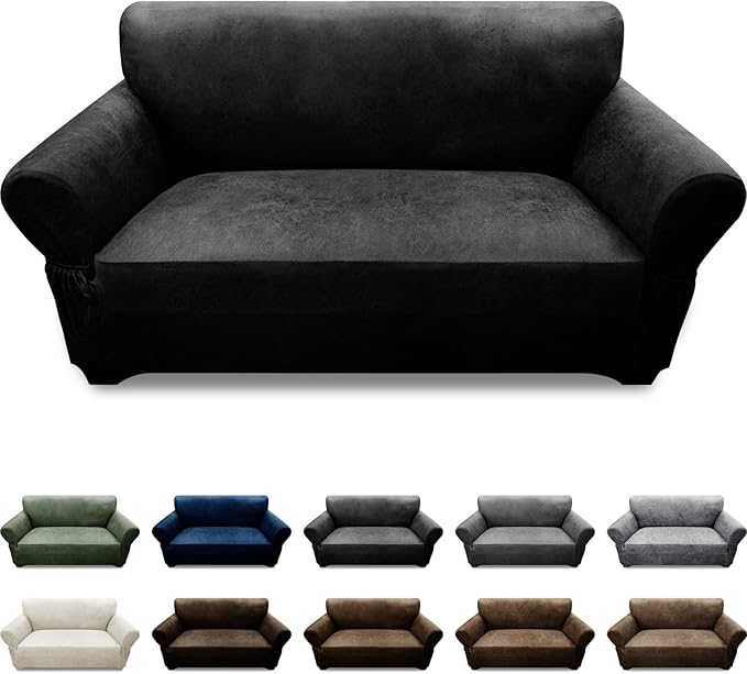 Loveseat Sofa Slipcover Leather Look Couch Covers for 2 Seater Couch Sofa 1-Piece Sofa Cover Stretch Furniture Protector with Elastic Bottom & Pockets(Loveseat, Black)