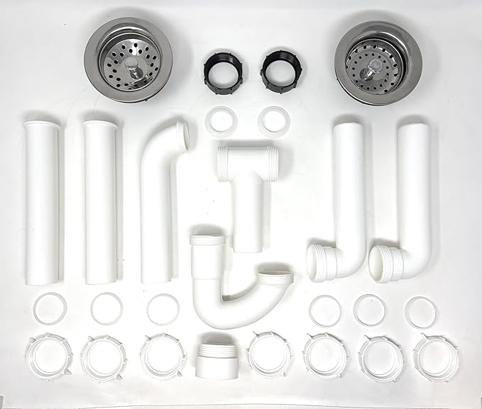 Sink Drain Pipe Kit, 1 ½” All-in-One Plumbing Set with Metal Strainer Baskets, Plastic P-Traps and Replacement Pipes, for Double Bowl Kitchen and Patio Sinks