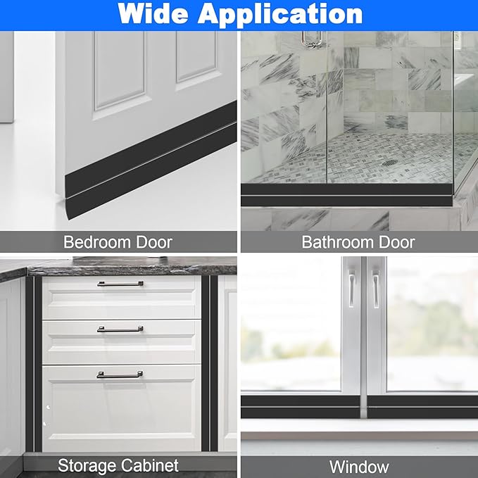 ToLanbbt Weather Stripping Silicone Door Seal Strip 2 in x 40 ft Door Draft Stopper Self Adhesive Door Draft Tape, Side & Bottom Gaps Insulation Strip for Glass Shower Door Sliding Door Window, Black