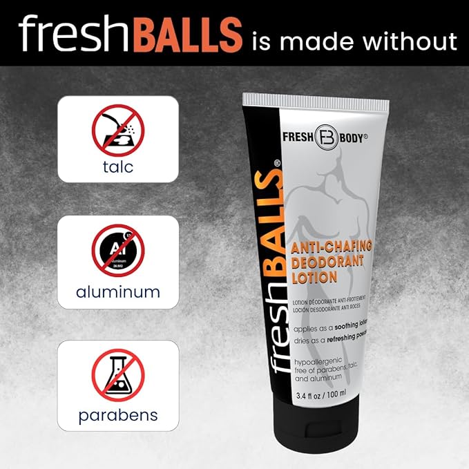 FRESH BALLS Starter Pack - Anti Chafing Lotion for Men, Chafing Cream to Powder Ball Deodorant - Aluminum-Free, Talc-Free 3.4oz Tube & 0.07oz On-The-Go Travel Size Packet (Pack of 15)