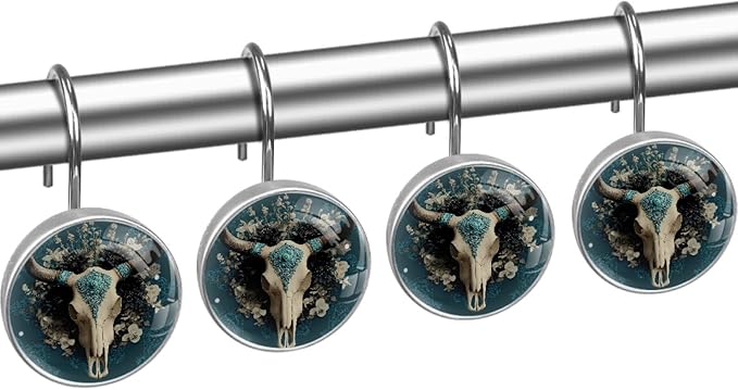 12 Packs Cow Skull Shower Curtain Hooks, Stainless Steel Glass Shower Curtain Rings for Bathroom Decor, Metal Rustproof Curtain Rod Hooks