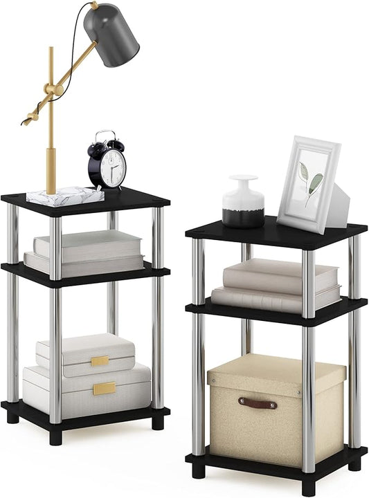 Furinno JUST Side Table Set of 2, 3-Tier End Tables, Open Shelves Night Stand, Nightstand, Toolless Assembly, for Living Room, Bedroom, Americano/Stainless Steel