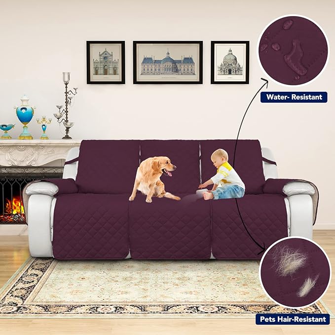 PureFit Water Resistant Reversible Sofa Covers for Reclining Sofa 3 Seat - Non Slip Split Recliner Couch Cover for 3 Cushion Couch, Washable Furniture Protector for Kids, Dogs (3 Seat, Wine/Beige)