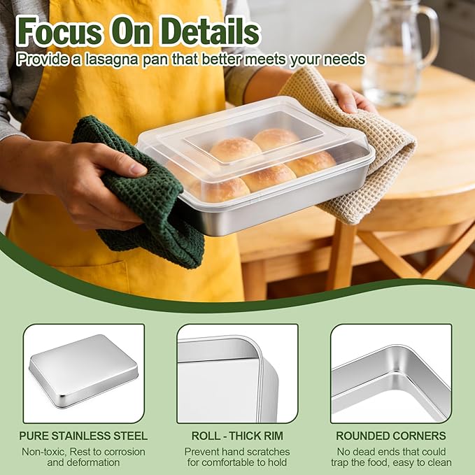TeamFar Rectangular Cake Pans with Lids, 9.3’’ x 7’’ x 1.9’’ Stainless Steel Lasagna Brownie Pan For Roasting Baking, Healthy & Solid, Brushed Surface & Dishwasher Safe, (2 Pans+2 Lids)