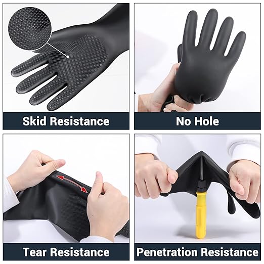 Thick Chemical Resistant Rubber Gloves, 3 Pairs 22" Black Safety Work Gloves, Waterproof Cleaning Protective Heavy Duty Gloves, Acid/Alkali/Oil Resistant Gloves with Non-Slip Diamond Grip