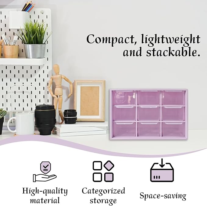 Small Drawer Organizer for Desk, 7.1" x 3.8" x 4.6" Mini Desktop Drawer Organizer with 9 Clear Drawers, Compact Craft & Office Supplies Organizer for Home School (Purple)