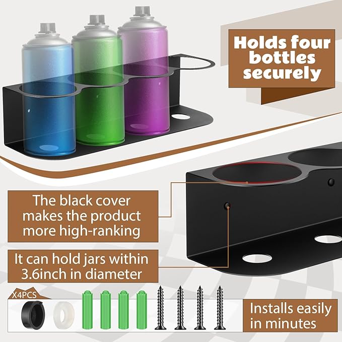 Therwen 4 Pcs 4 Holes All Purpose Steel Spray Bottle Holder Heavy Duty Spray Can Holder Rack Organizer Easy Install Wall Mount Paint Bottle Organizer Storage Rack for Garage Home Workspace