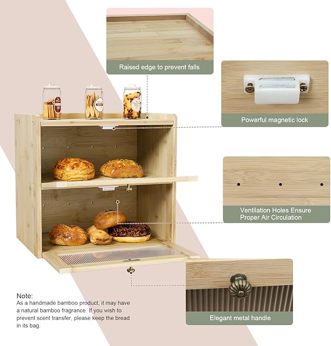 Bread Box for Kitchen Countertop Wooden Bread Storage Container Bin 2 Layer Corner Breadbox Large Capacity, Vintage Farmhouse Food Organizer Pantry Shelf with Window - Natural Bamboo