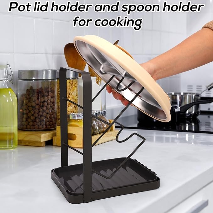 Kitchen Pot Lid Storage Rack with Drip Tray, Carbon Steel Double-Layer Pot Lid Holder While Cooking, Spoon Rest Counter Lids Stand Organizer for Pans Pots (Gun Gray)